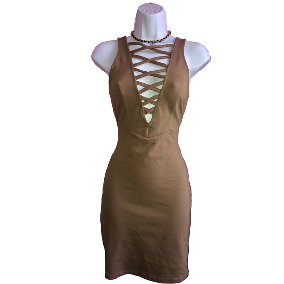 Dresses & Skirts - Beige strappy front mini dress Small
